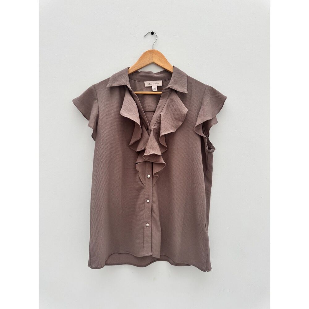 Philosophy Ruffle Front Blouse - Mauve/Taupe - Cap Sleeve - Size M